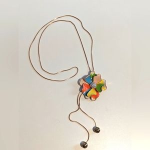 Multicolour Floral Rhinestone and Enamel Gold Tone Pull String Tassel Necklace